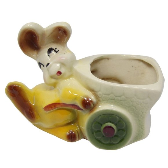 Vintage Kitschy Yellow Bunny Rabbit Pushing Cart Planter 5" H x 6 3/4" L x 3" D - Picture 1 of 10